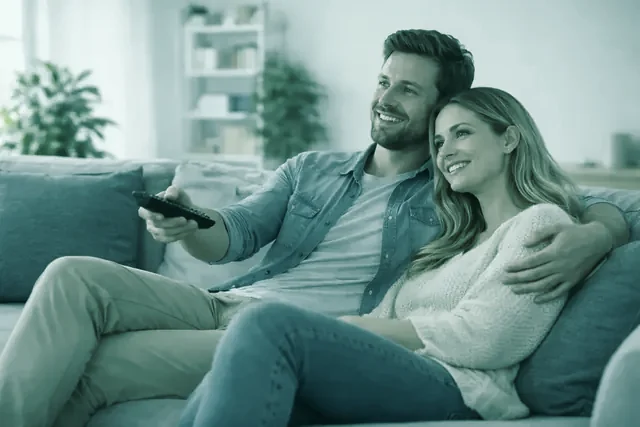 A family watching Xerquvatv on the living-room television in the evening