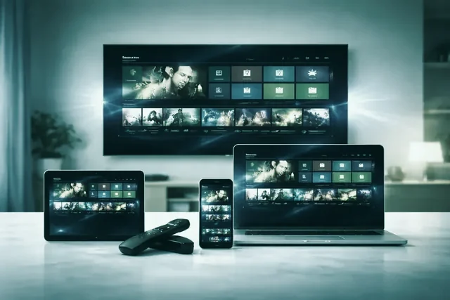 Xerquvatv playing on a smart TV, tablet, laptop and phone at the same time