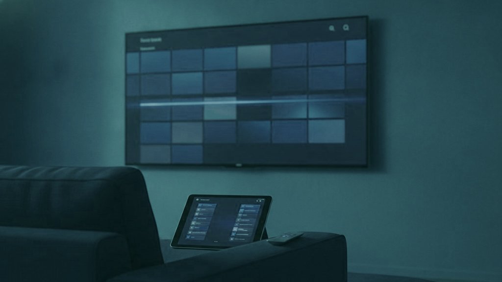 A TV showing a programme guide grid with a tablet and phone showing channel lists on a sofa