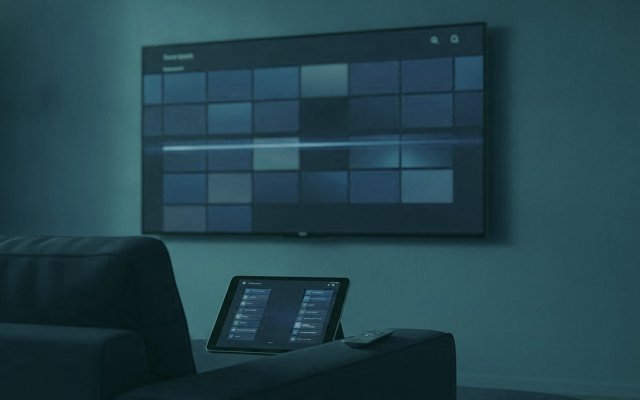 A TV showing a programme guide grid with a tablet and phone showing channel lists on a sofa