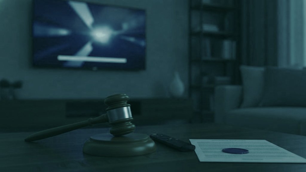 A judge gavel, a streaming remote and a sealed document on a coffee table in front of a TV