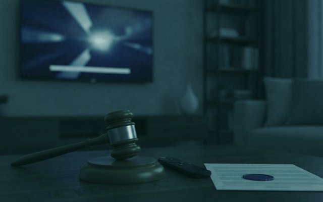 A judge gavel, a streaming remote and a sealed document on a coffee table in front of a TV
