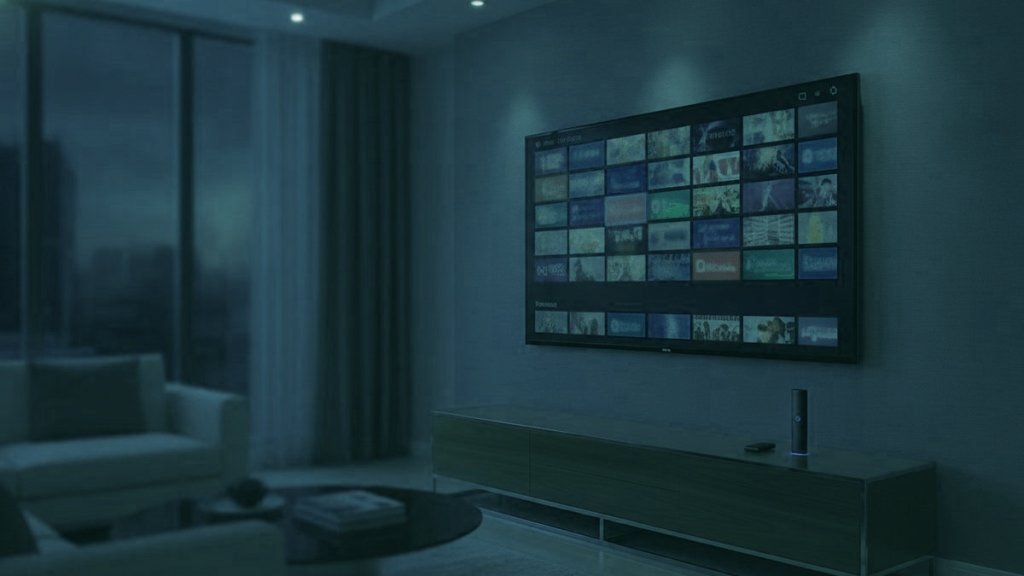 A living-room TV showing an IPTV channel guide with a streaming stick on the console