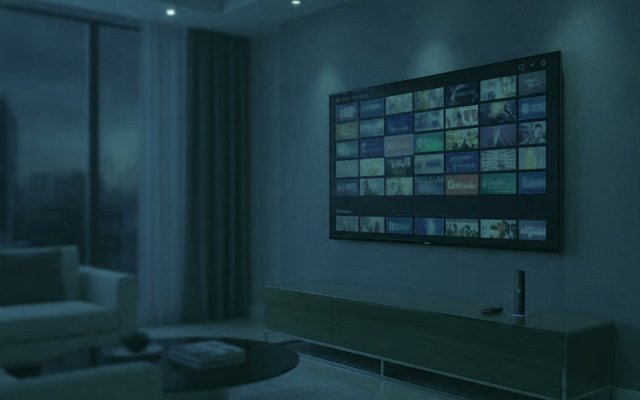 A living-room TV showing an IPTV channel guide with a streaming stick on the console